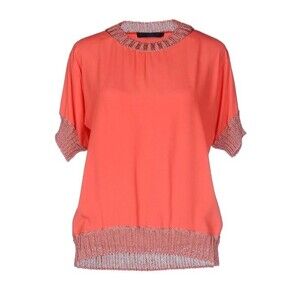Blue Les Copains Coral Ribbed Knit Short Sleeve Crew Neck Blouse Top Sz 6/42
